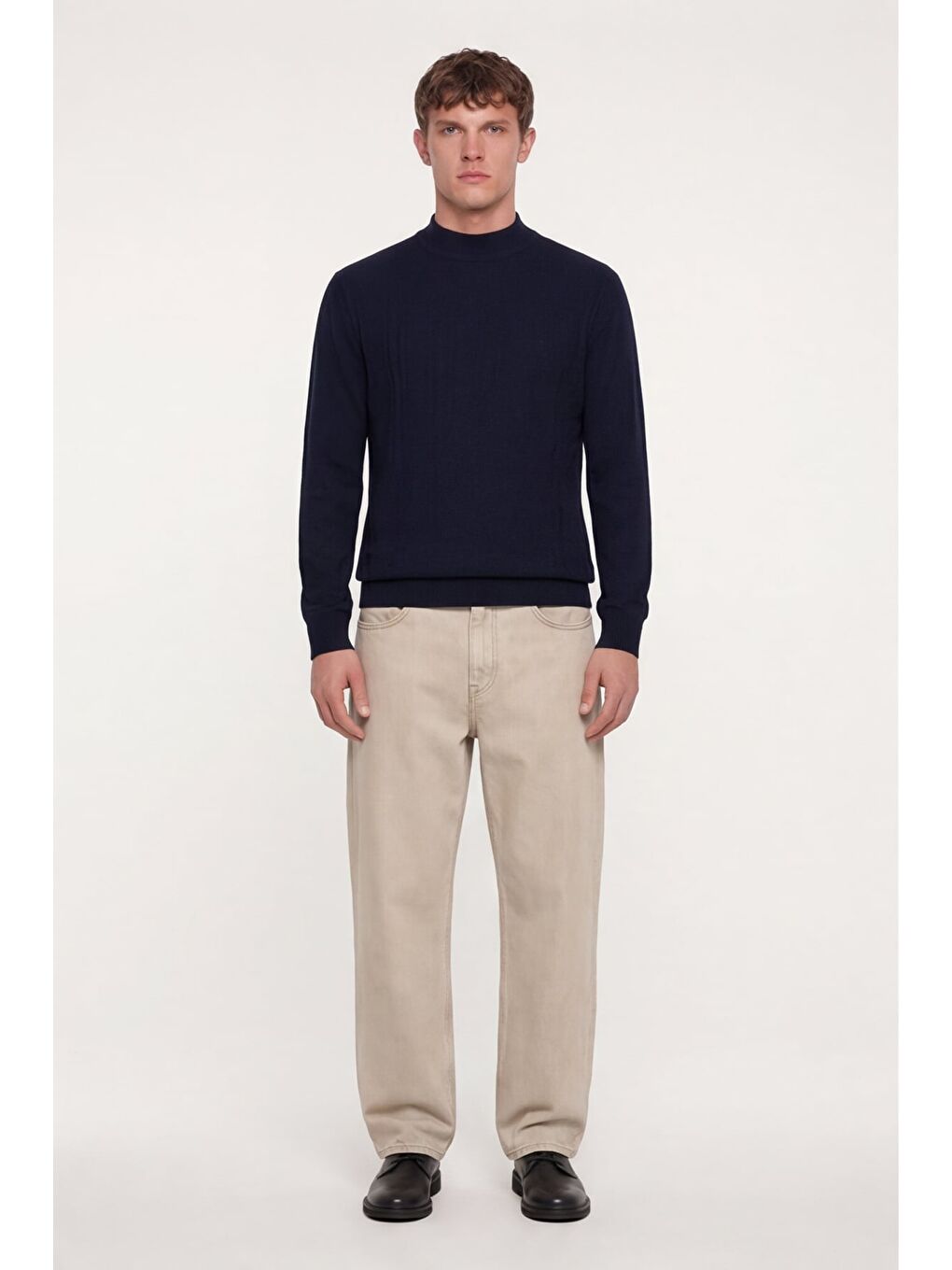 Erkek Lacivert Dar Kesim Slim Fit Yünlü Yarım Balıkçı Yaka Triko Kazak-1