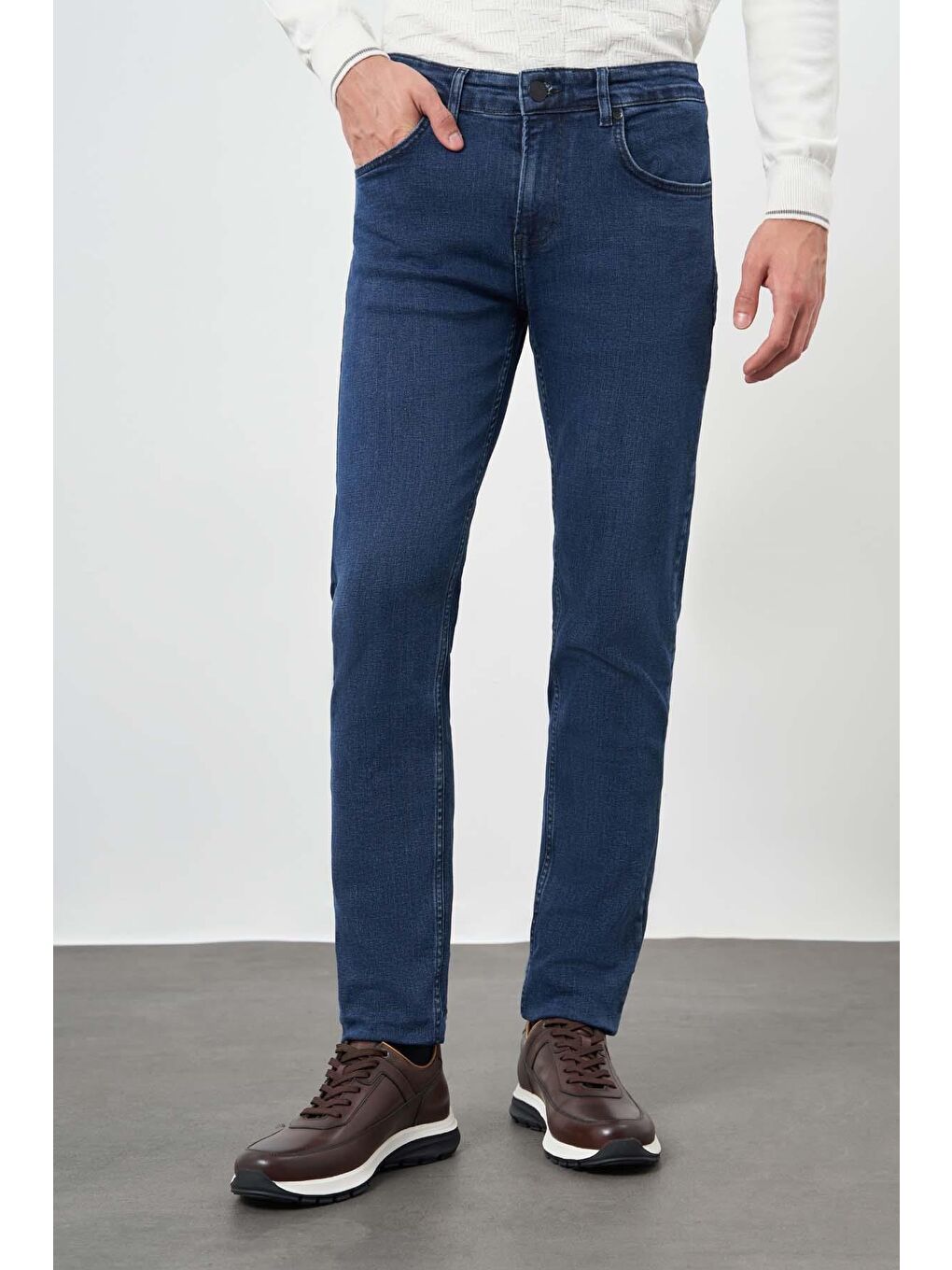 Lacivert Düz Gabardin Pamuklu 5 Cep Slim Fit Casual Denim Pantolon 1023245155-3