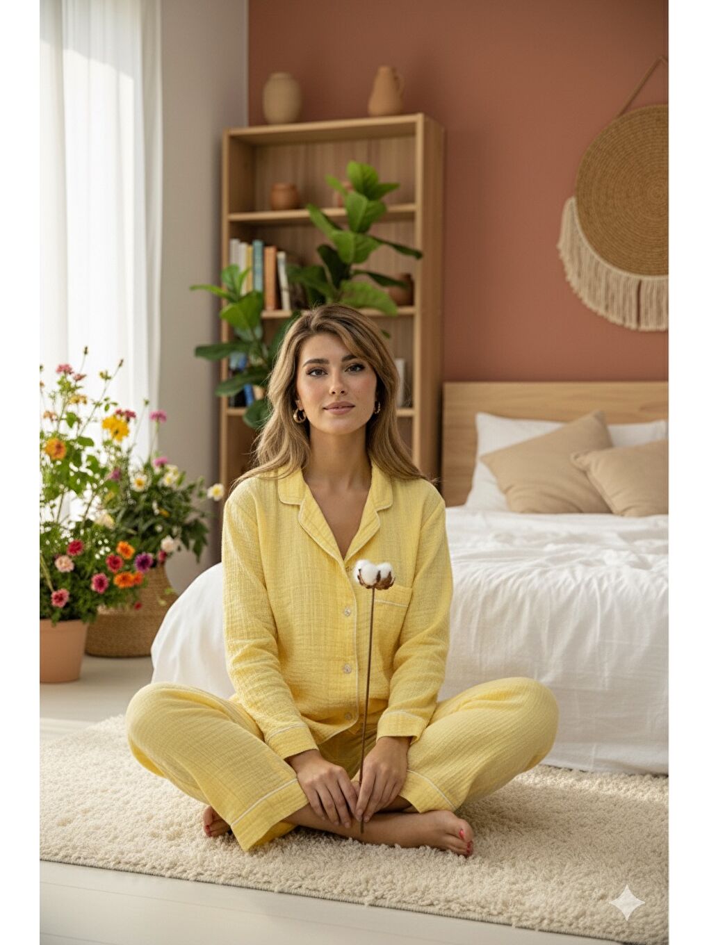 Sarı %100 Pamuk Müslin Kadın Pijama Takımı - SARI-1