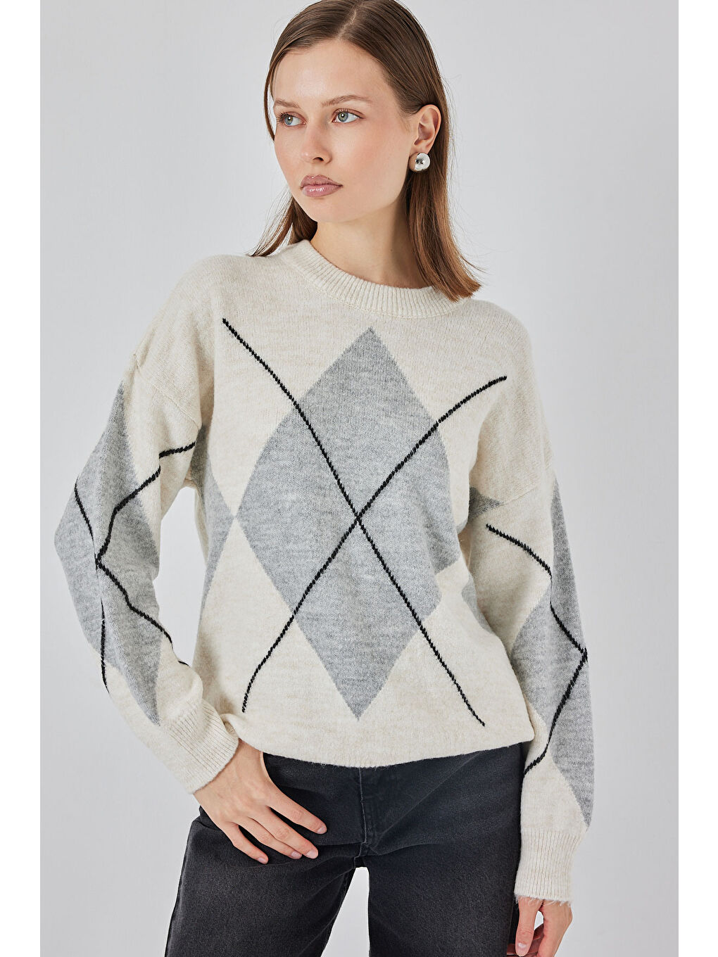 Ekru 15895 Baklava Desenli Oversize Triko Kazak - M. Krem-2