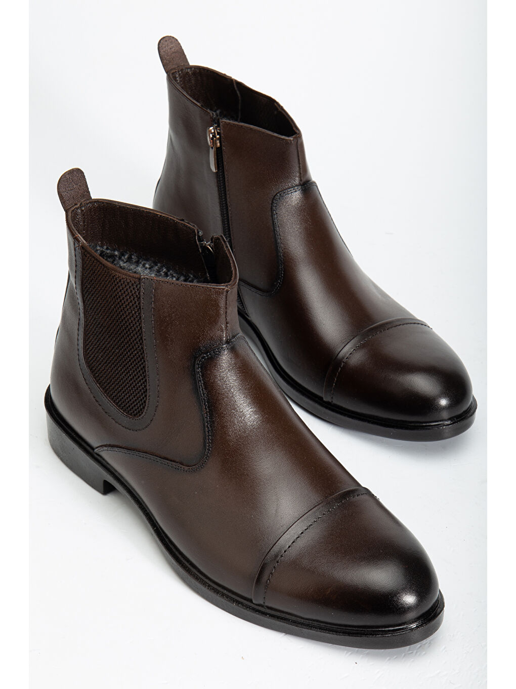 Kahverengi D2161 Hakiki Deri Içi Kürklü Fermuarlı Soğuk Geçirmez Erkek Bot-1