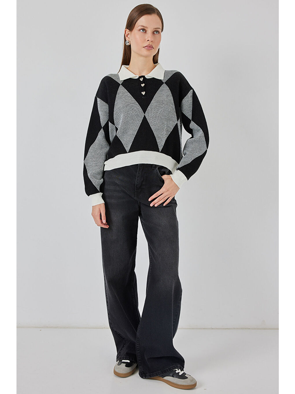 Kadın Crop Triko Kazak 15936 - D. Siyah-1