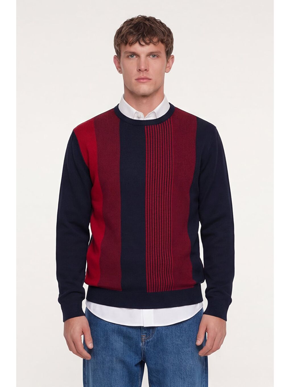 Erkek Lacivert Normal Kesim Regular Fit Yünlü Dokuma Bisiklet Yaka Triko Kazak