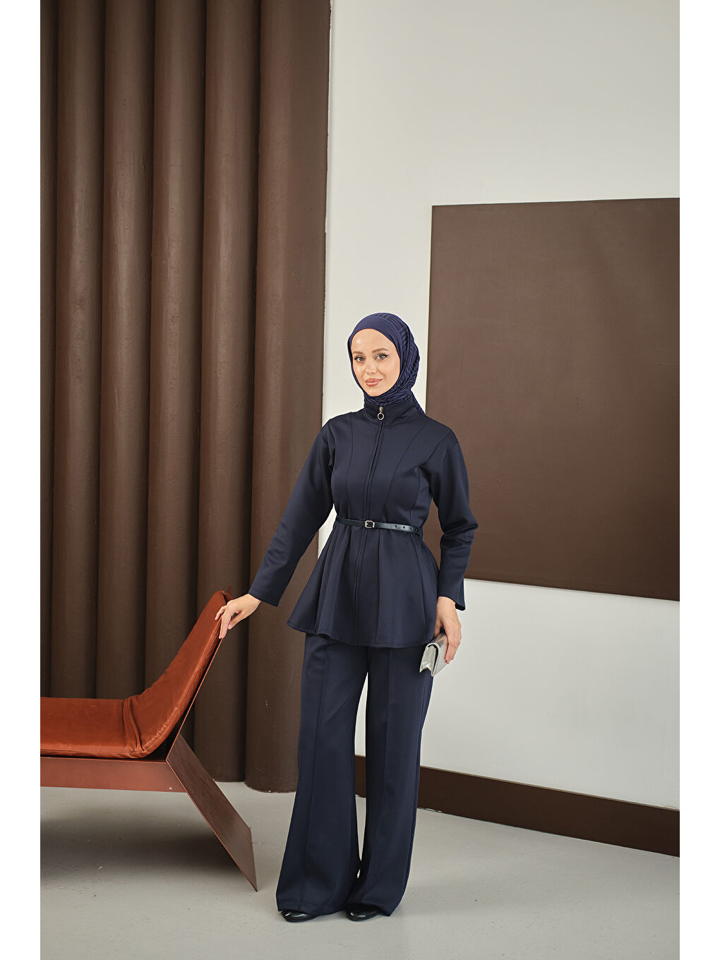 Kadın Fermuarlı Scuba Takım Lacivert-1