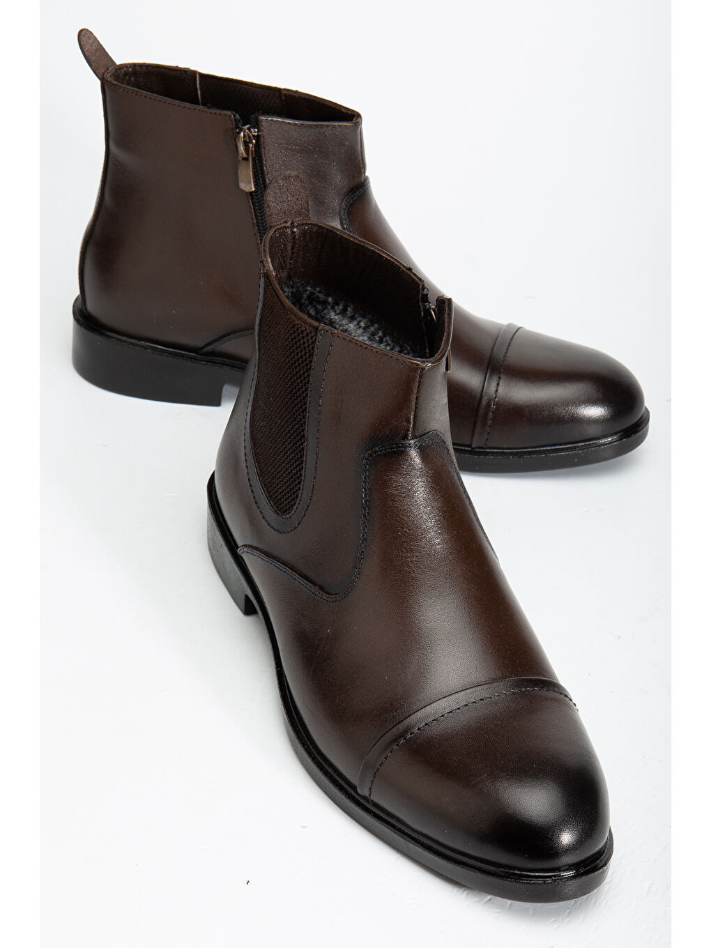 Kahverengi D2161 Hakiki Deri Içi Kürklü Fermuarlı Soğuk Geçirmez Erkek Bot-2