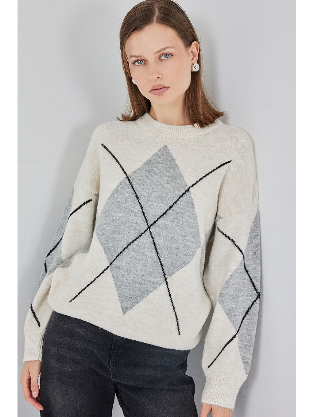 Ekru 15895 Baklava Desenli Oversize Triko Kazak - M. Krem-3