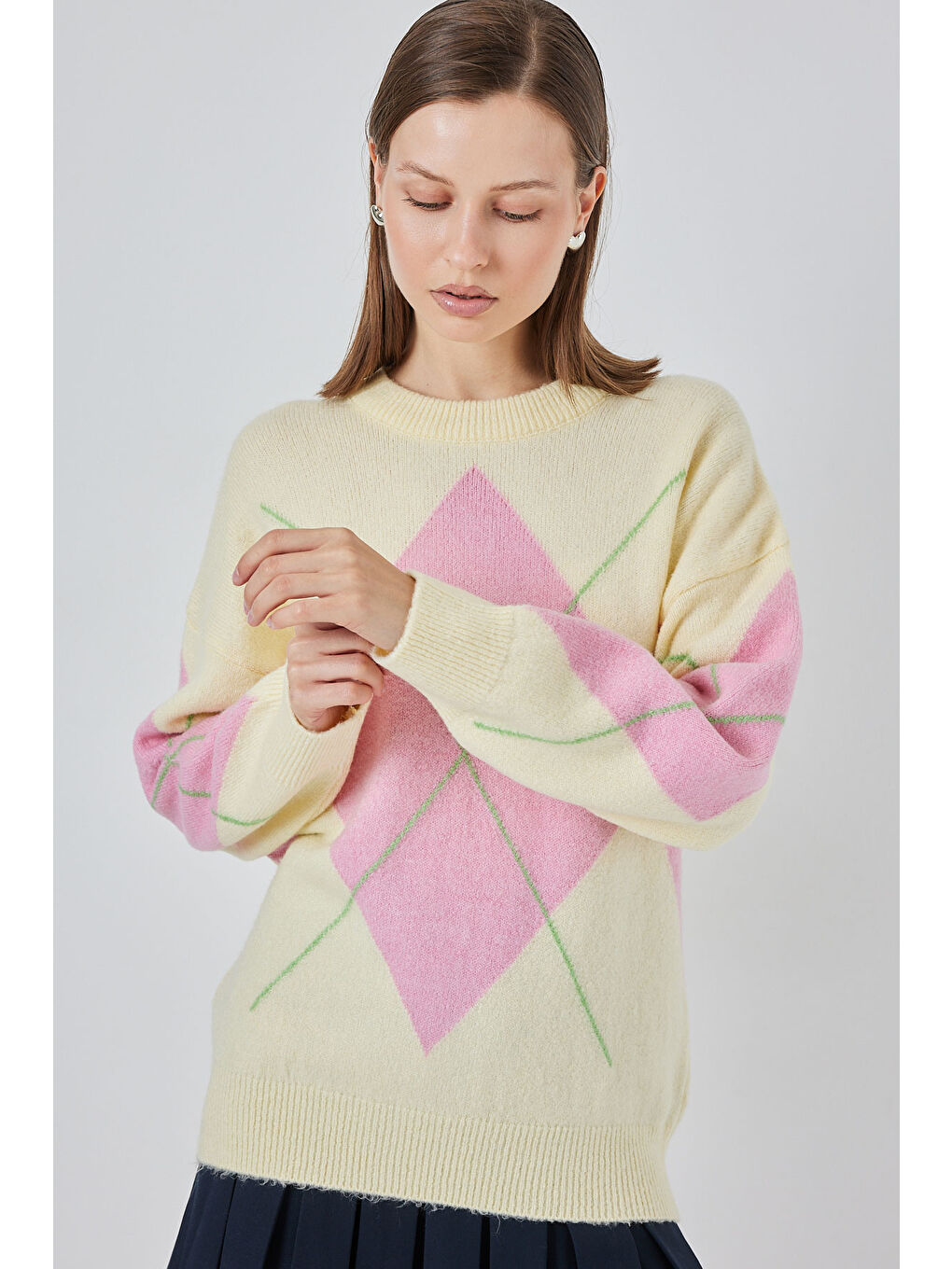 Turuncu 15895 Baklava Desenli Oversize Triko Kazak - C.Sarı