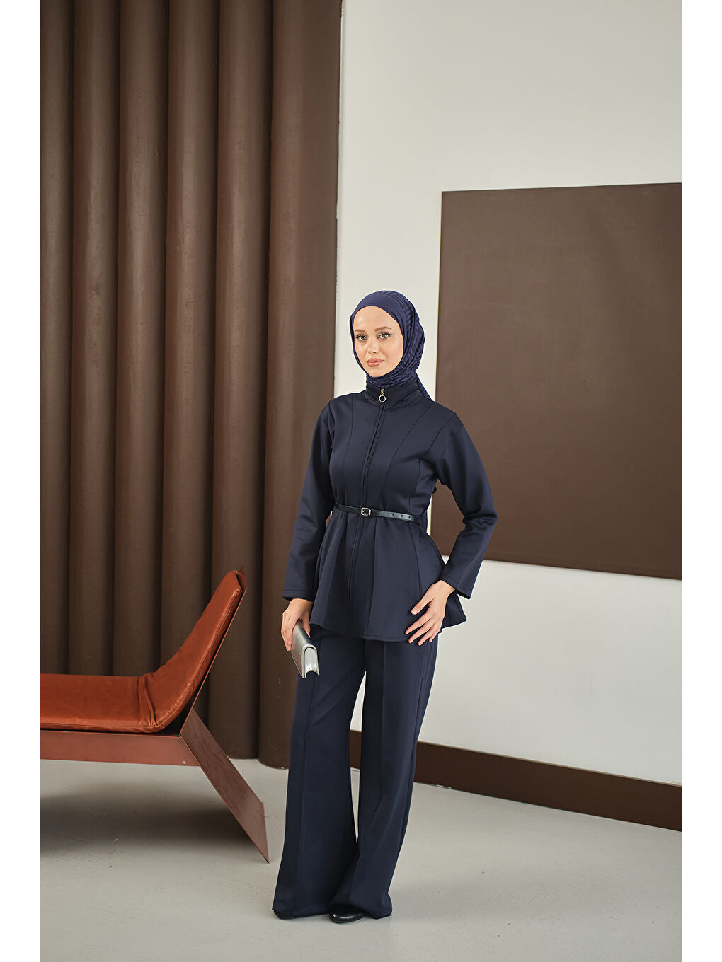 Kadın Fermuarlı Scuba Takım Lacivert-2