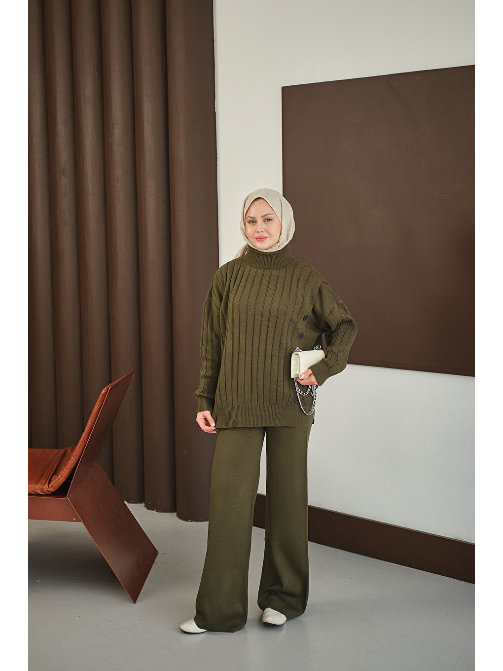 Kadın Düğmeli Triko Takım Haki Yeşil-1