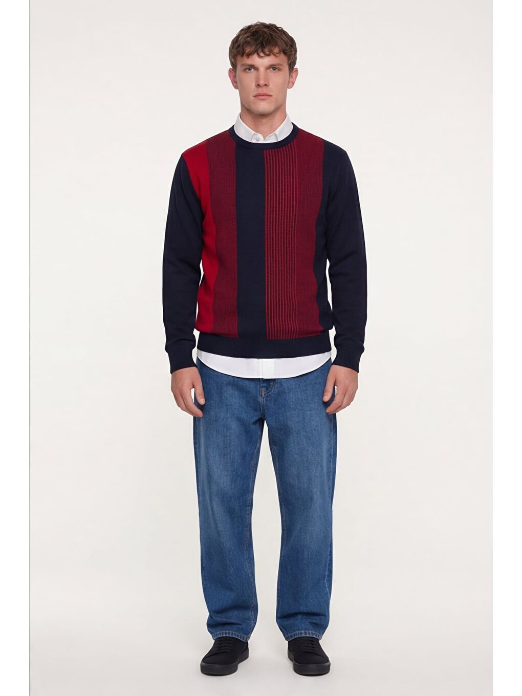 Erkek Lacivert Normal Kesim Regular Fit Yünlü Dokuma Bisiklet Yaka Triko Kazak-1