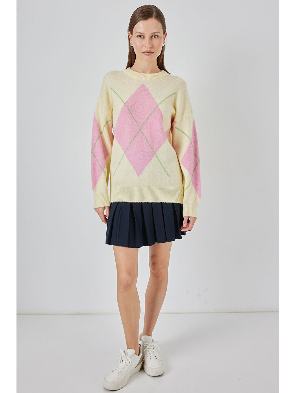 Turuncu 15895 Baklava Desenli Oversize Triko Kazak - C.Sarı-1