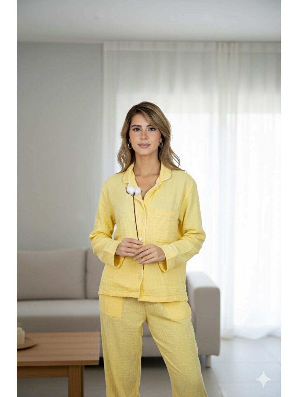 Sarı %100 Pamuk Müslin Kadın Pijama Takımı - SARI-3