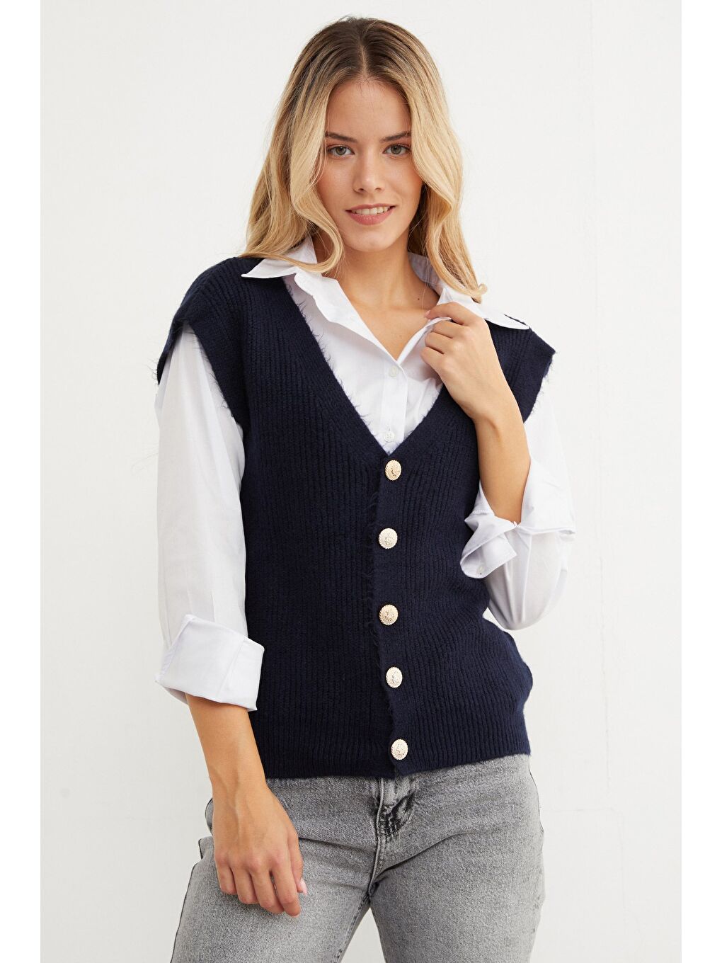 Lacivert Sakallı Düğmeli V Yaka Oversize Yelek