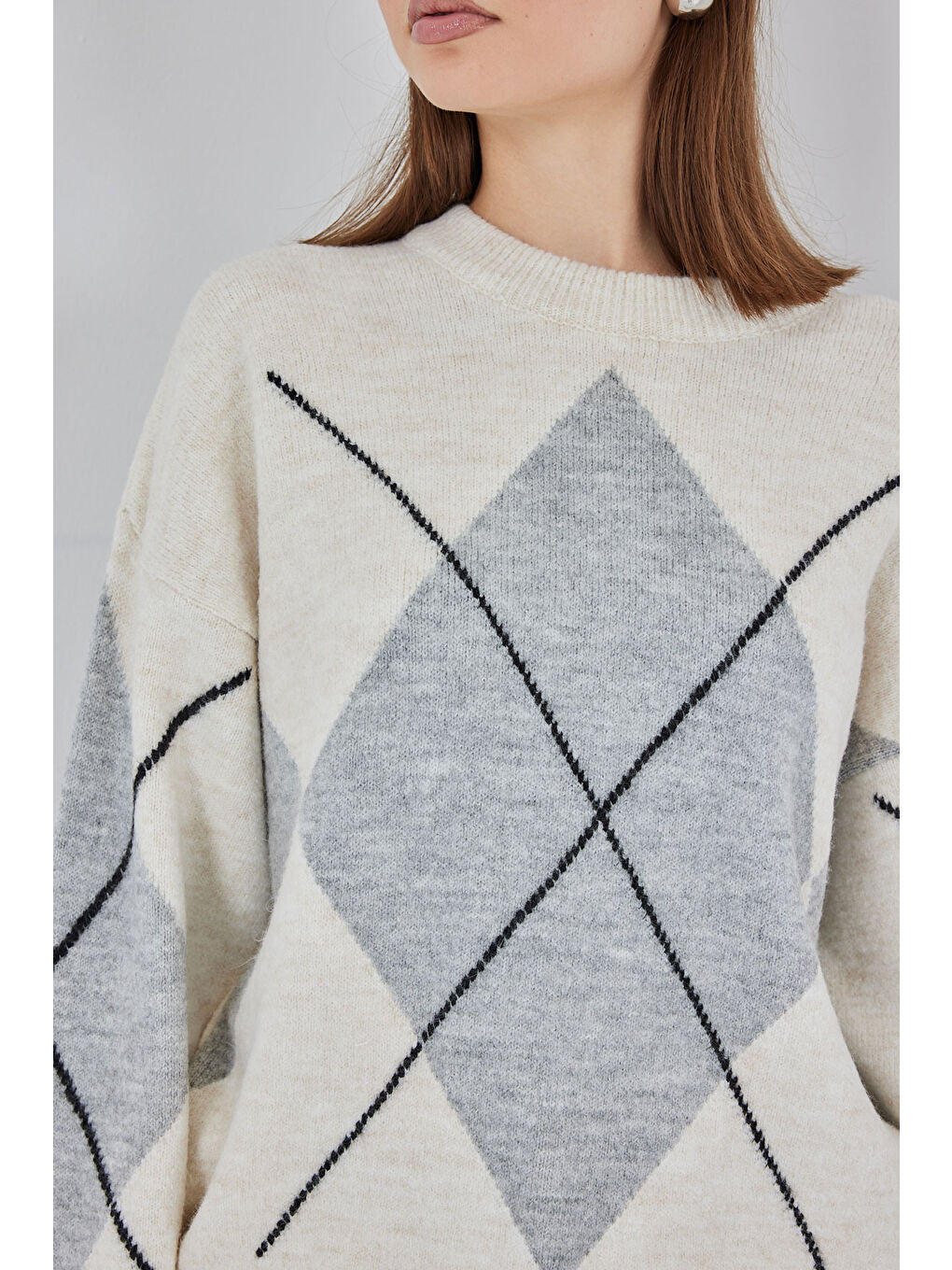 Ekru 15895 Baklava Desenli Oversize Triko Kazak - M. Krem-4