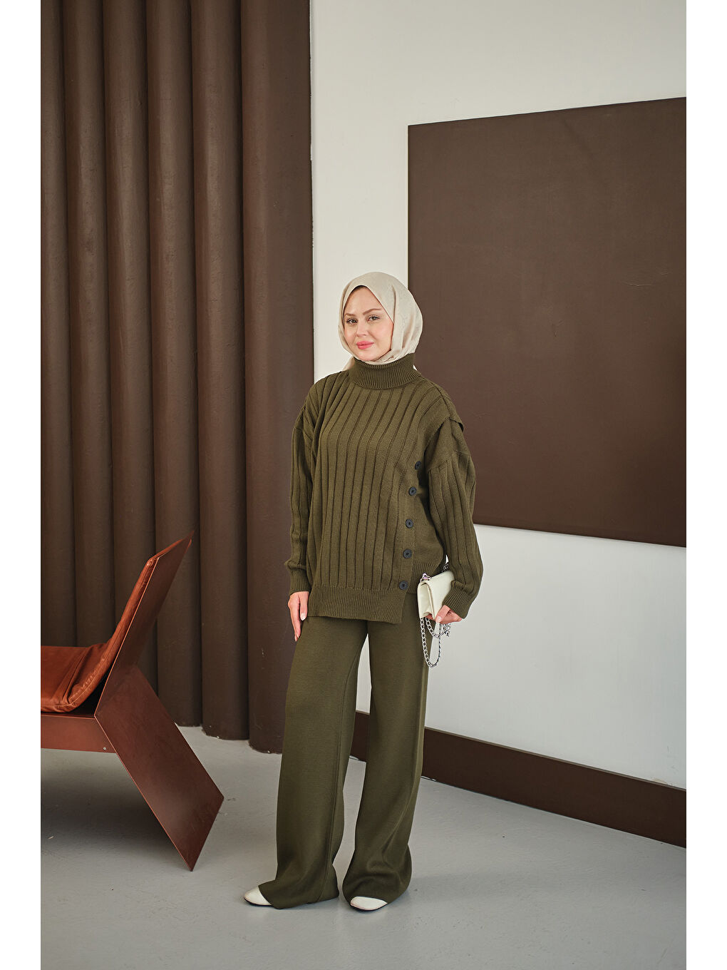Kadın Düğmeli Triko Takım Haki Yeşil-2
