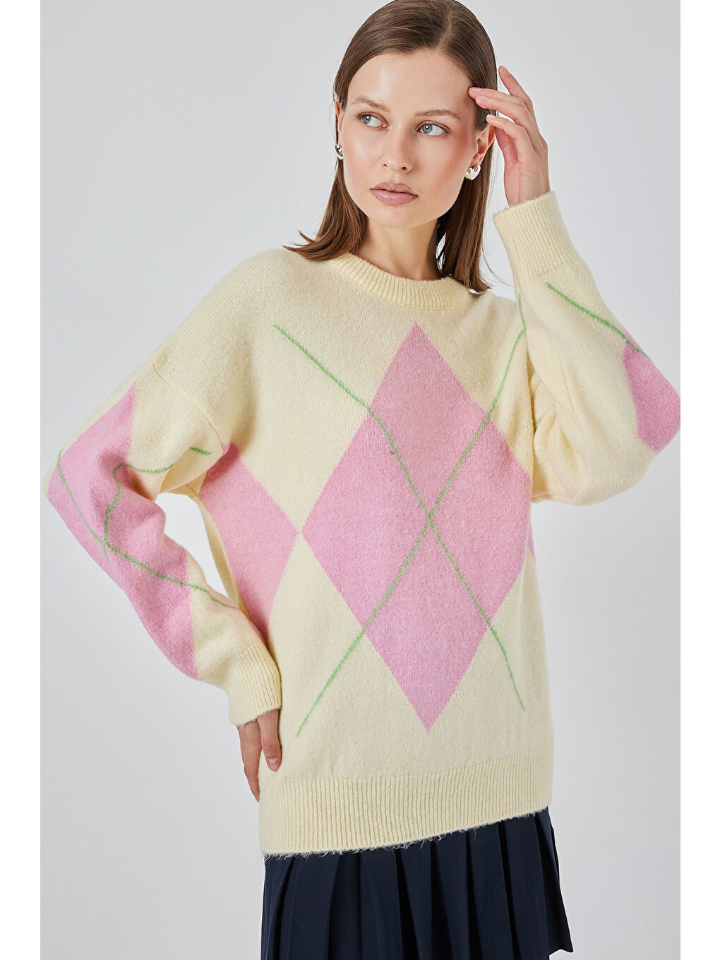 Turuncu 15895 Baklava Desenli Oversize Triko Kazak - C.Sarı-2