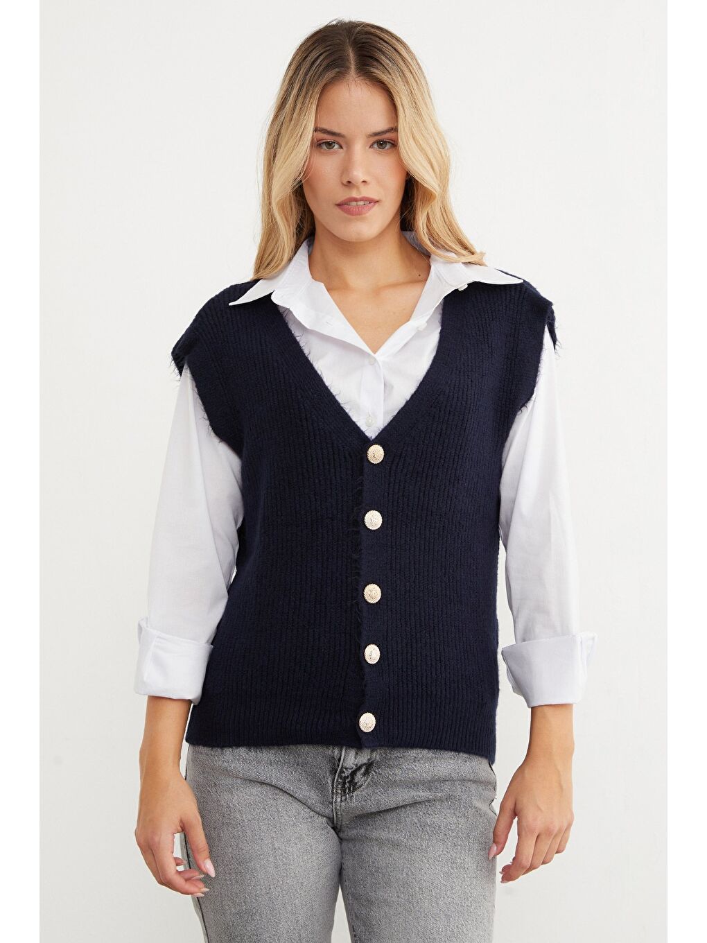 Lacivert Sakallı Düğmeli V Yaka Oversize Yelek-1