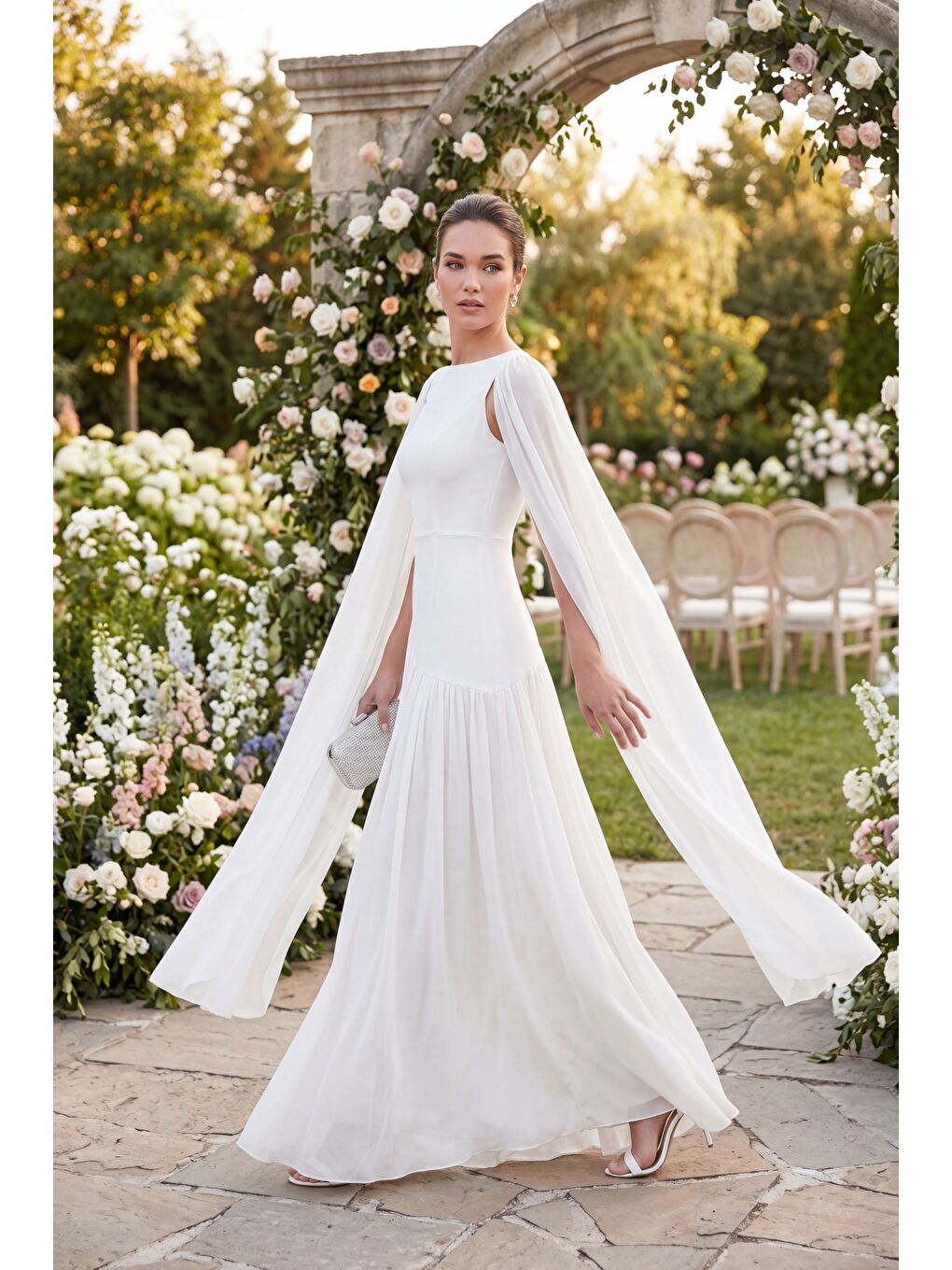 Kadın Beyaz Kolları Pelerinli Şifon Uzun Abiye Elbise-4