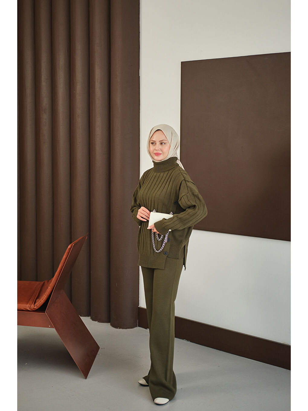 Kadın Düğmeli Triko Takım Haki Yeşil-3