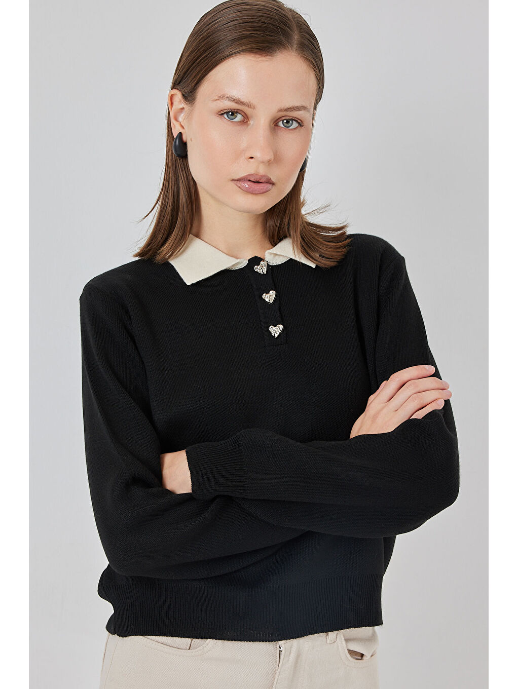 Kadın Crop Triko Kazak 15936 - Siyah-3