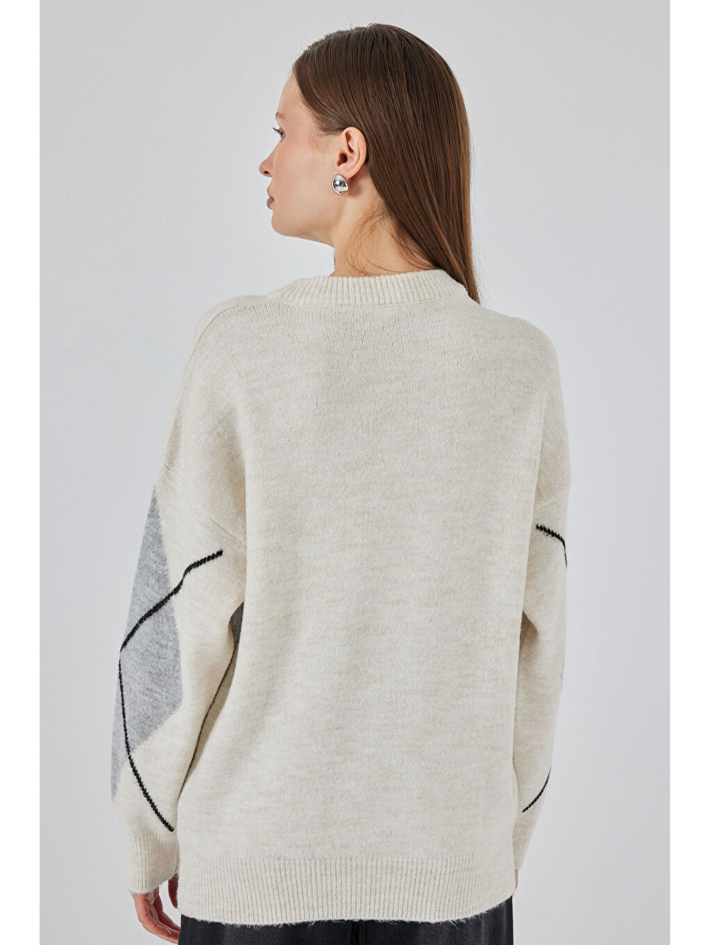 Ekru 15895 Baklava Desenli Oversize Triko Kazak - M. Krem-5