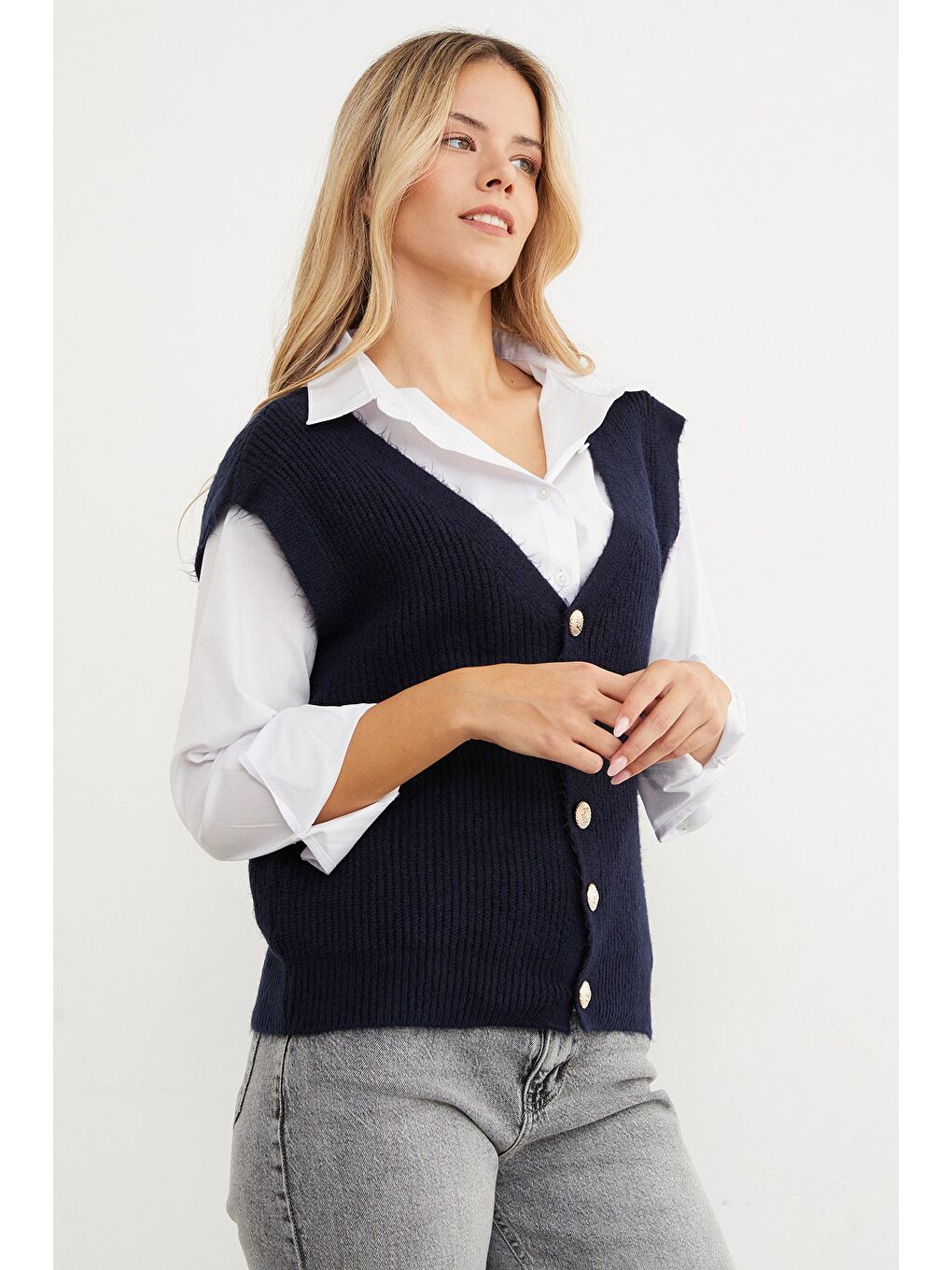 Lacivert Sakallı Düğmeli V Yaka Oversize Yelek-3