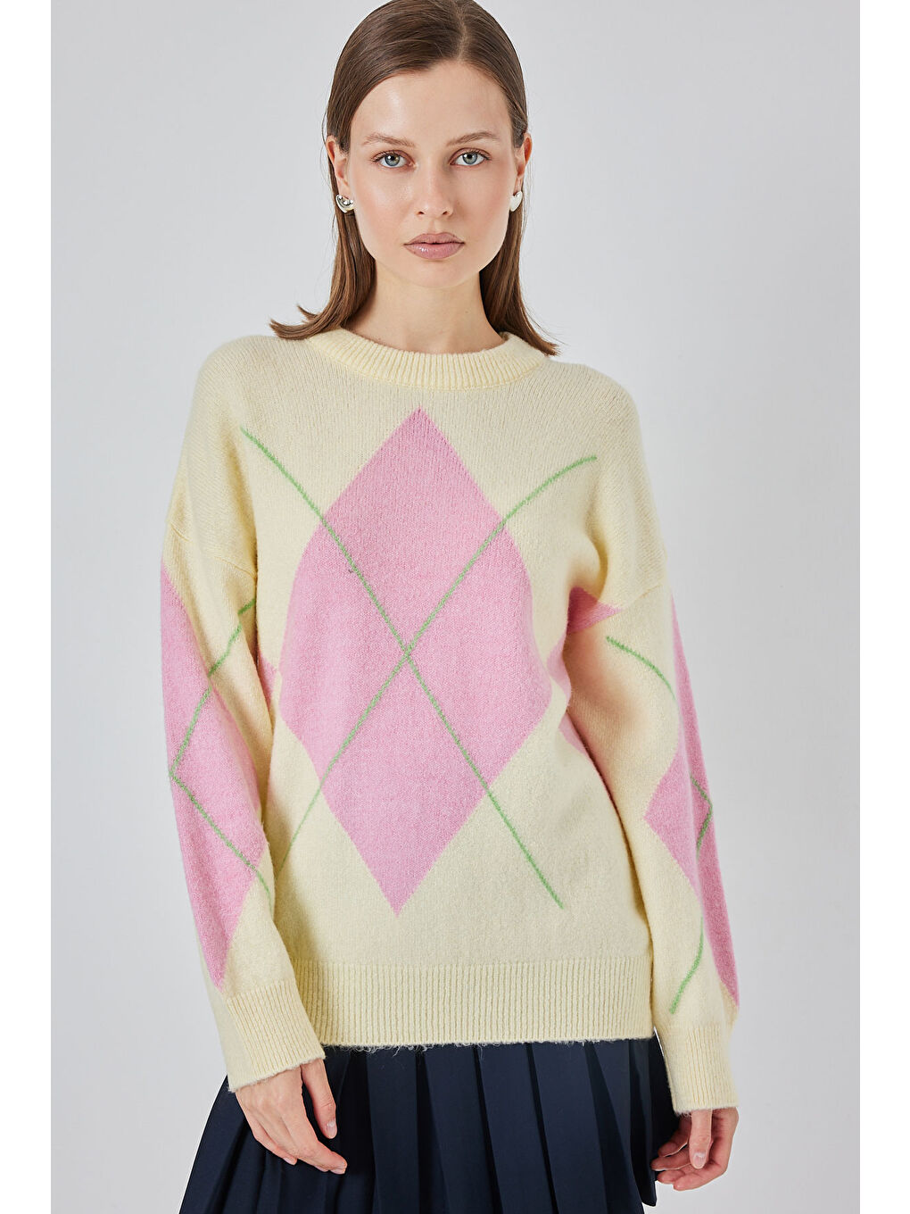 Turuncu 15895 Baklava Desenli Oversize Triko Kazak - C.Sarı-3