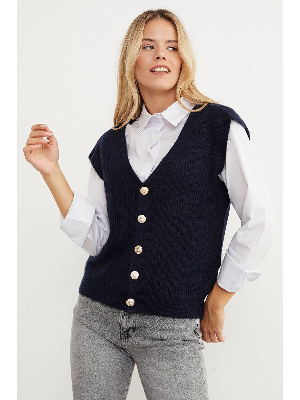 Lacivert Sakallı Düğmeli V Yaka Oversize Yelek-4