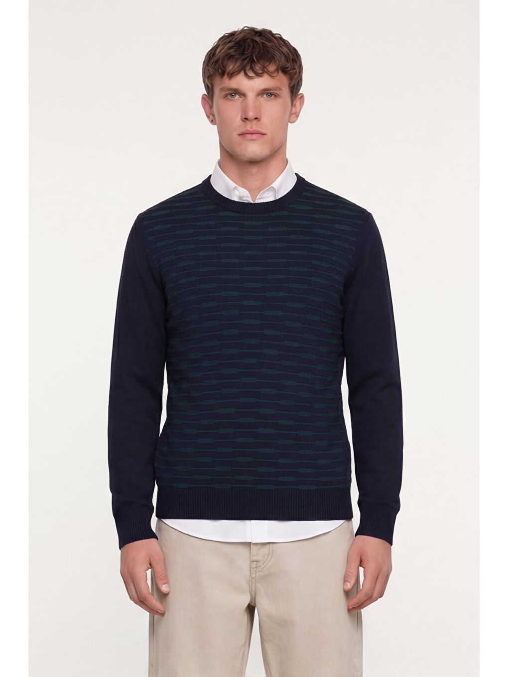 Erkek Lacivert Normal Kesim Regular Fit Yünlü Standart Boy Dokuma Triko Kazak