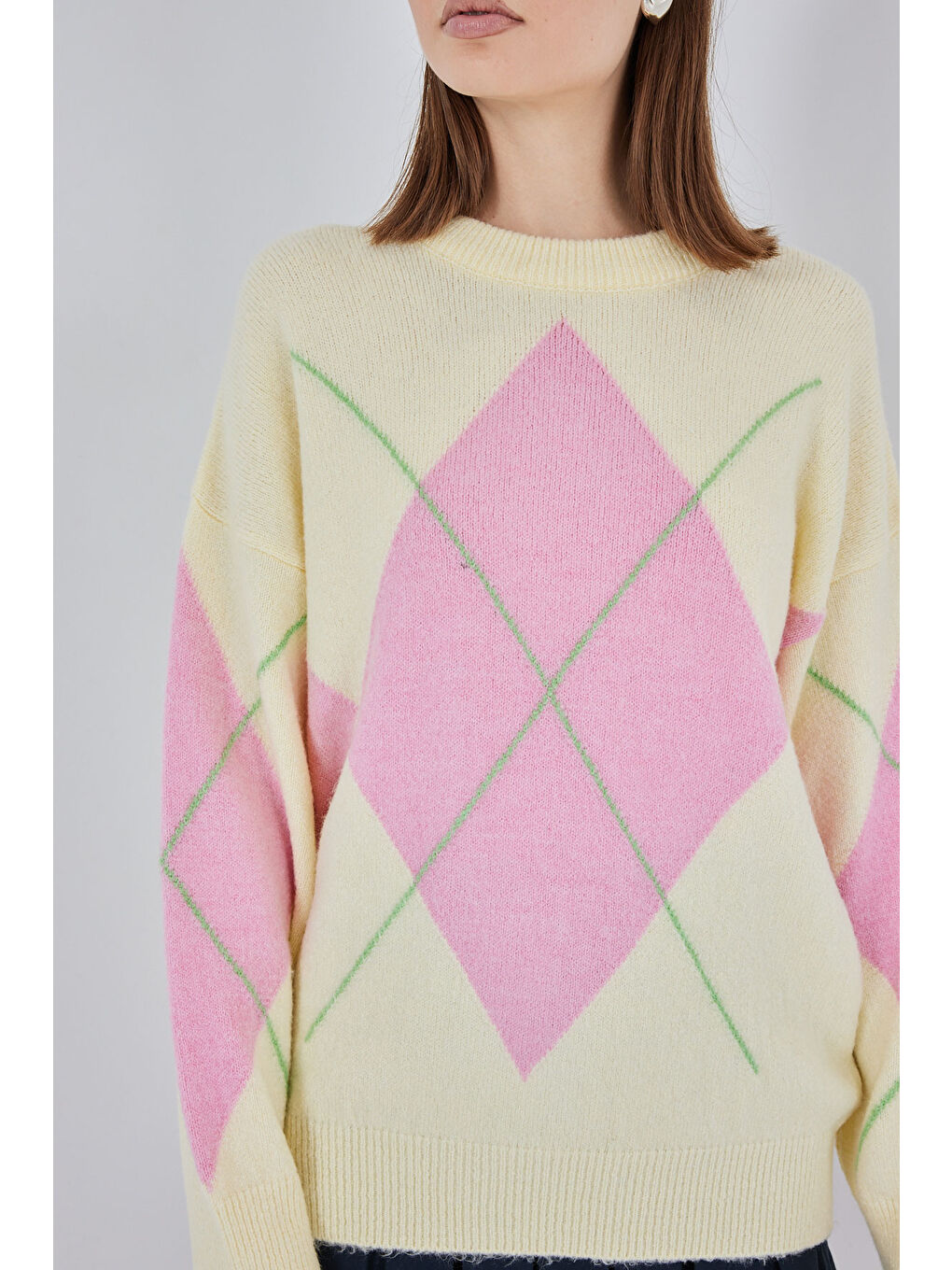 Turuncu 15895 Baklava Desenli Oversize Triko Kazak - C.Sarı-4