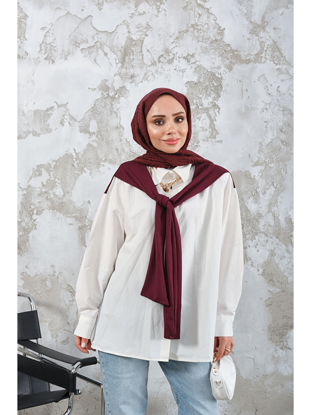 Kadın Yaka Bağlamalı Çift Renk Gömlek Mürdüm