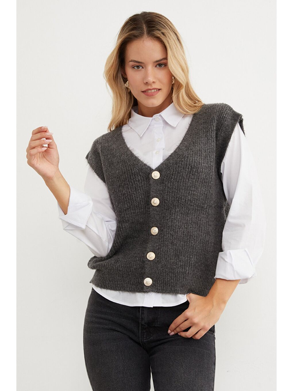Antrasit Sakallı Düğmeli V Yaka Oversize Yelek