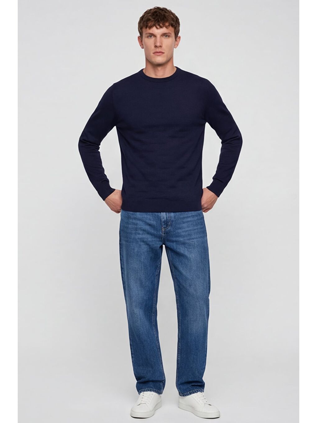 Erkek Lacivert Normal Kesim Regular Fit Yünlü Bisiklet Yaka Triko Kazak-1