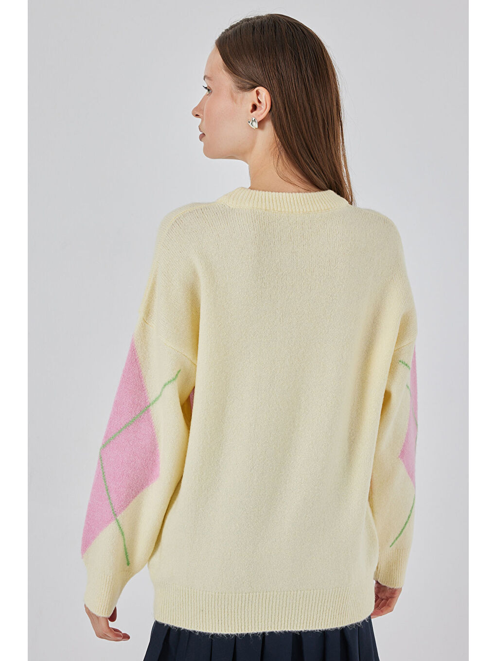 Turuncu 15895 Baklava Desenli Oversize Triko Kazak - C.Sarı-5