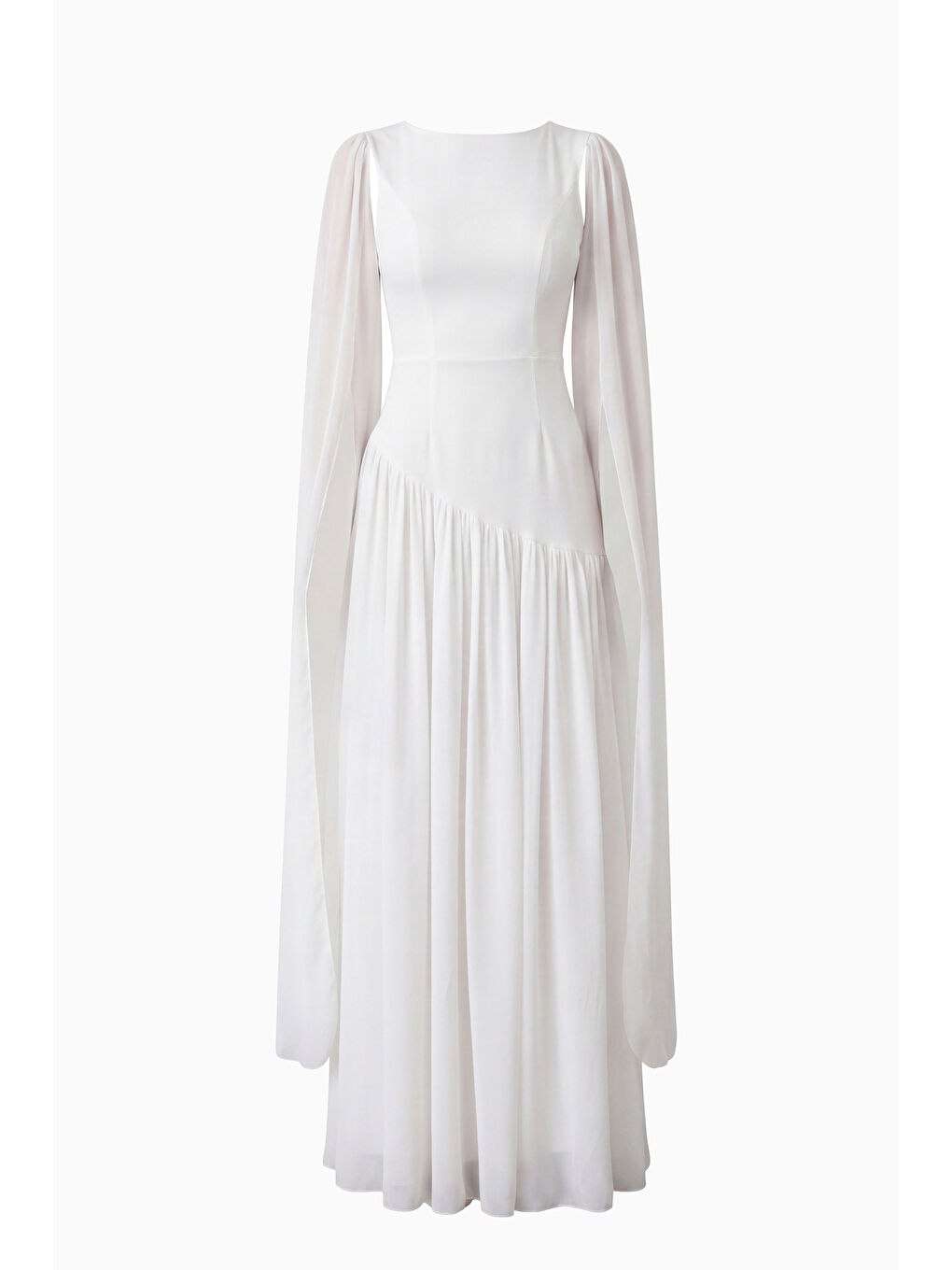 Kadın Beyaz Kolları Pelerinli Şifon Uzun Abiye Elbise-6