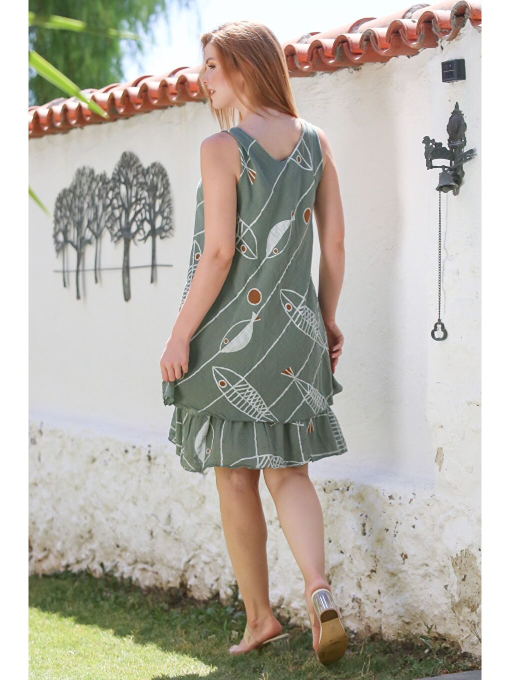 İtalyan Haki V Yaka Kolsuz Balık Desenli Astarlı Casual Keten Görünümlü Dokuma Elbise 95 60-1