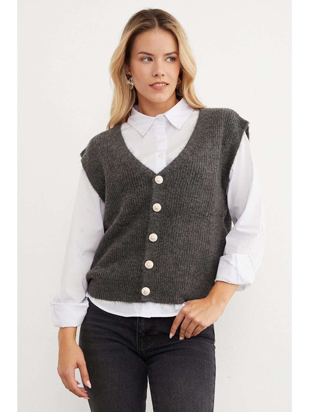 Antrasit Sakallı Düğmeli V Yaka Oversize Yelek-1