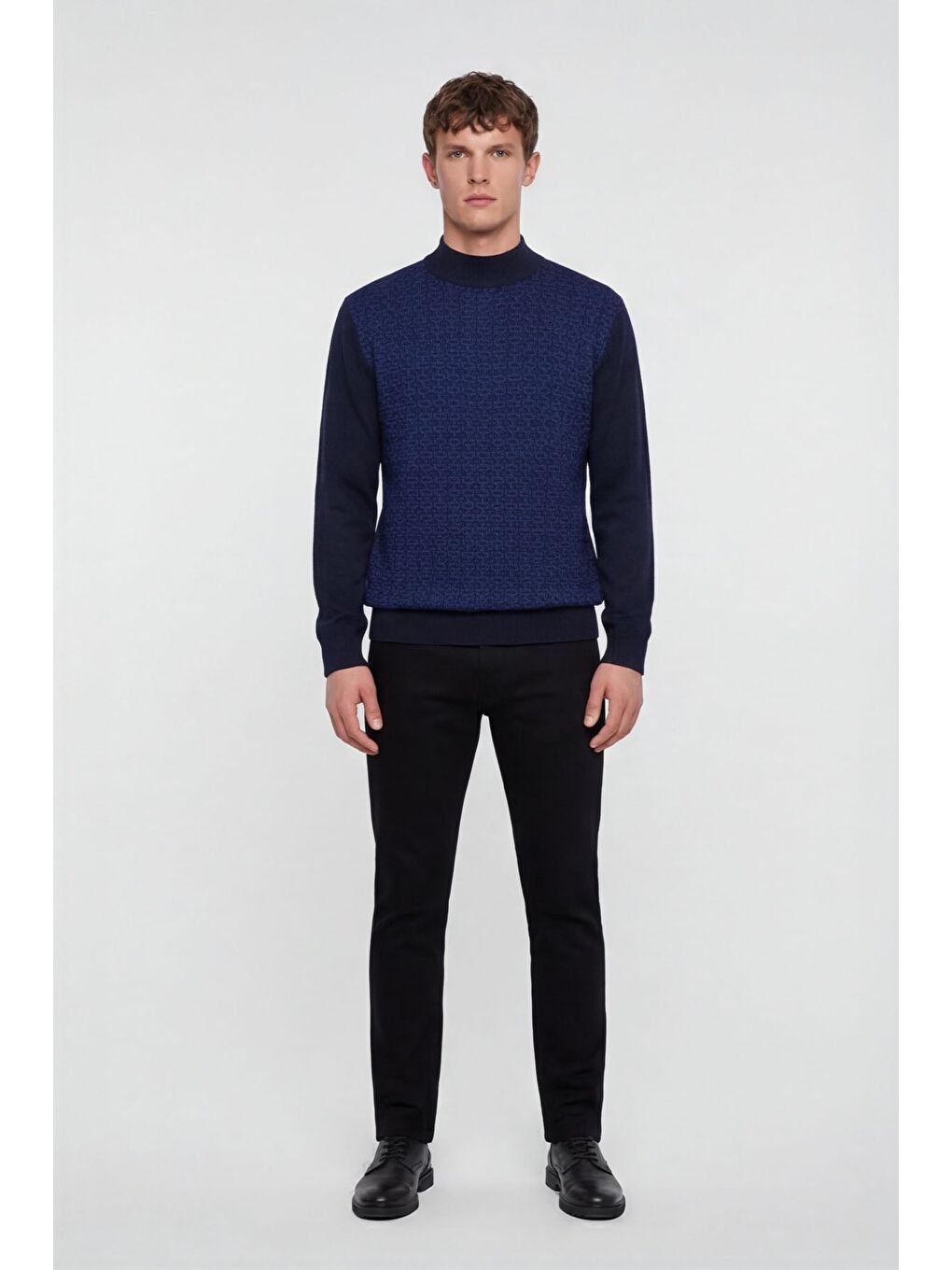 Erkek Lacivert Normal Kesim Regular Fit Yünlü Dokuma Desenli Triko Kazak-1
