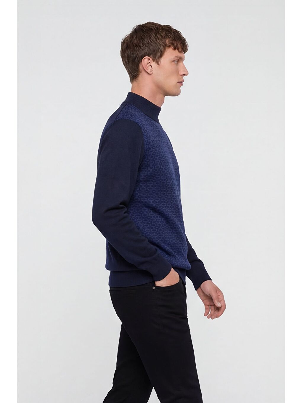 Erkek Lacivert Normal Kesim Regular Fit Yünlü Dokuma Desenli Triko Kazak-2