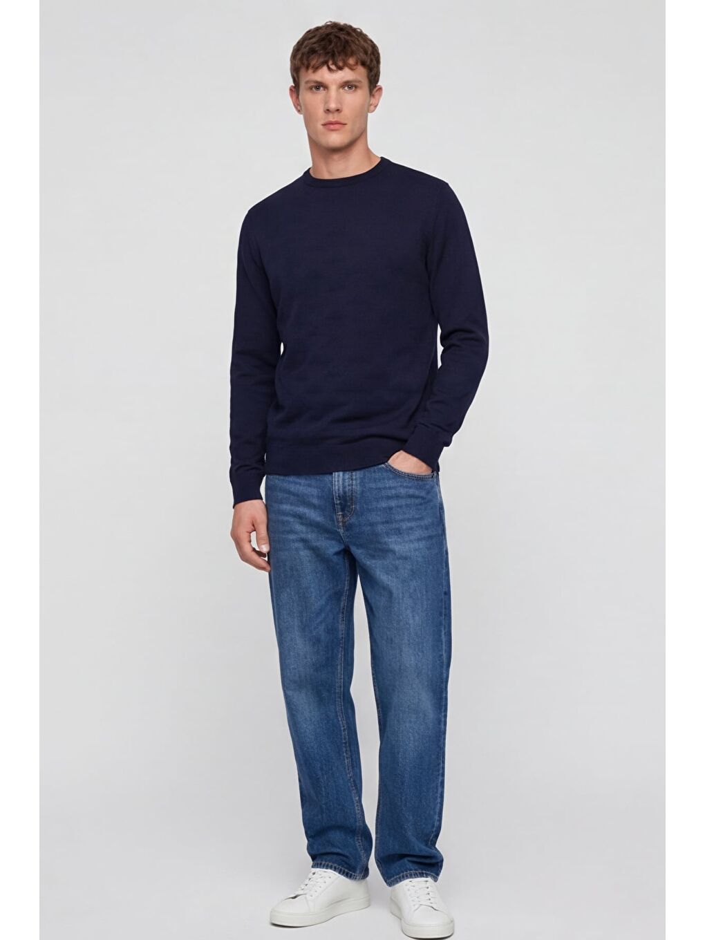 Erkek Lacivert Normal Kesim Regular Fit Yünlü Bisiklet Yaka Triko Kazak-2