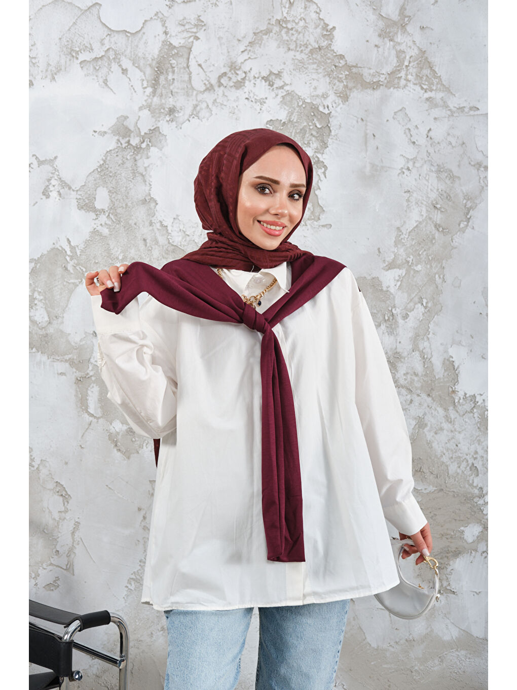 Kadın Yaka Bağlamalı Çift Renk Gömlek Mürdüm-1