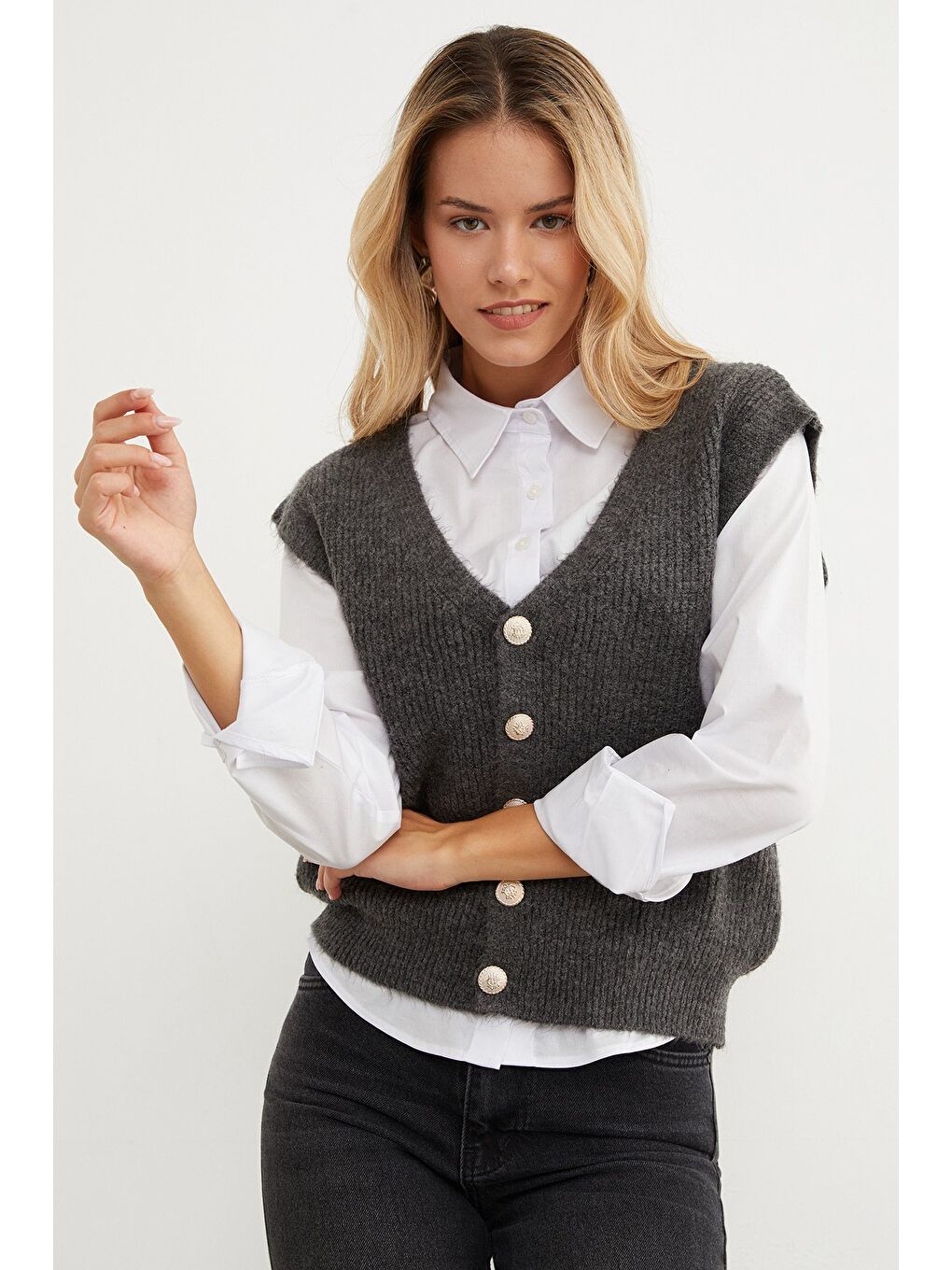 Antrasit Sakallı Düğmeli V Yaka Oversize Yelek-3