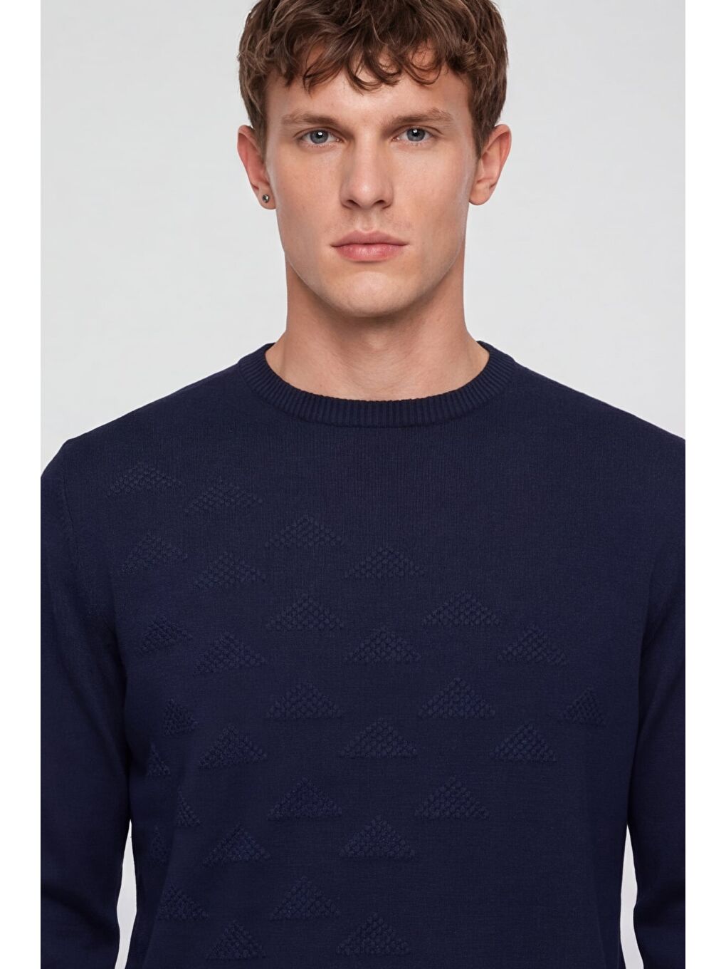 Erkek Lacivert Normal Kesim Regular Fit Yünlü Bisiklet Yaka Triko Kazak-3