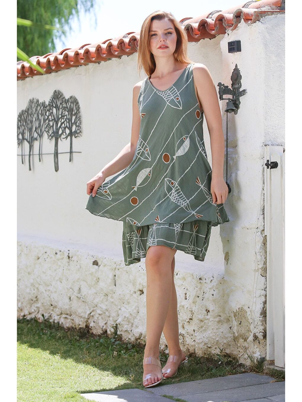 İtalyan Haki V Yaka Kolsuz Balık Desenli Astarlı Casual Keten Görünümlü Dokuma Elbise 95 60-3