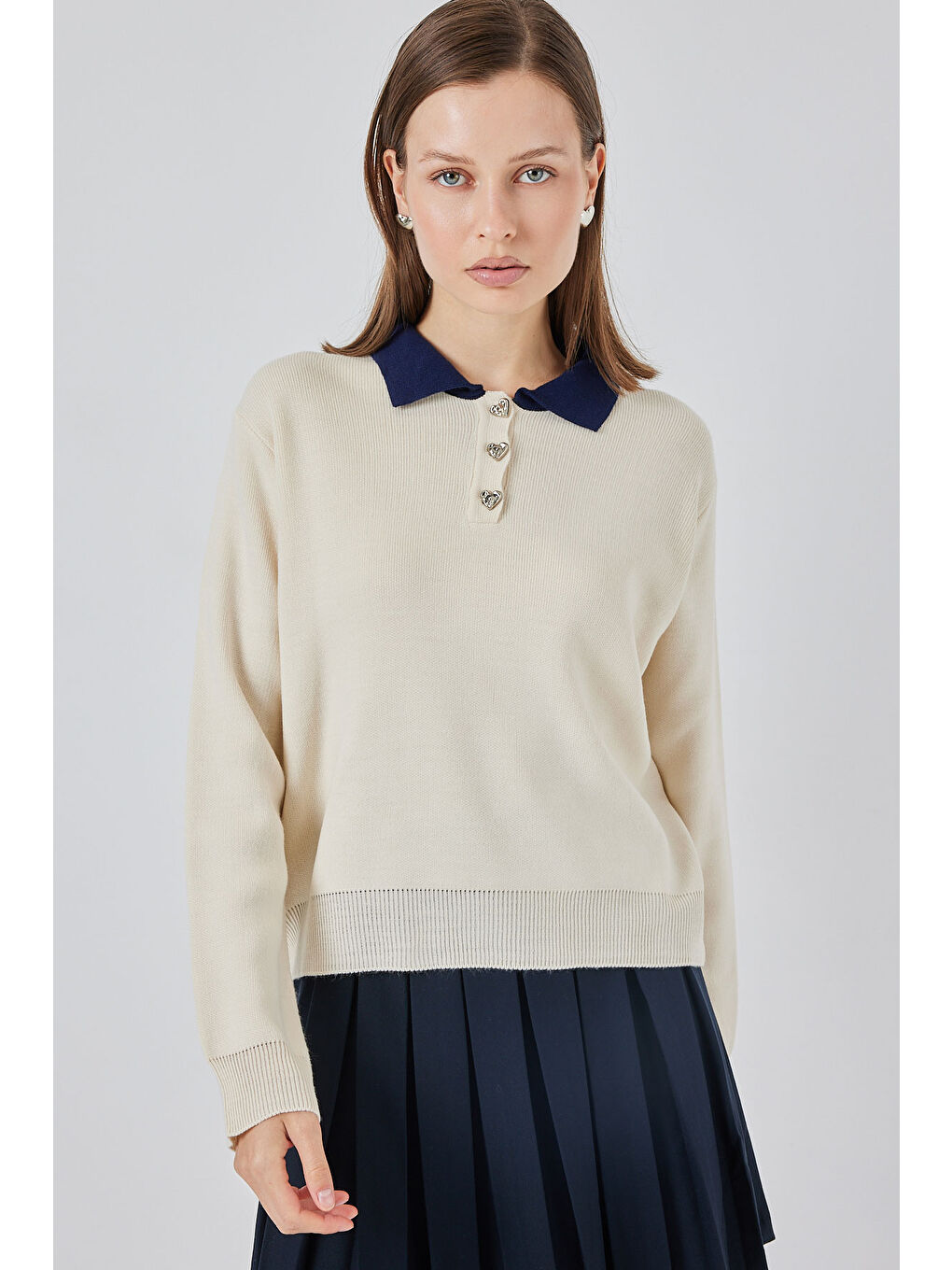 Ekru Kadın Crop Triko Kazak 15936 - Krem