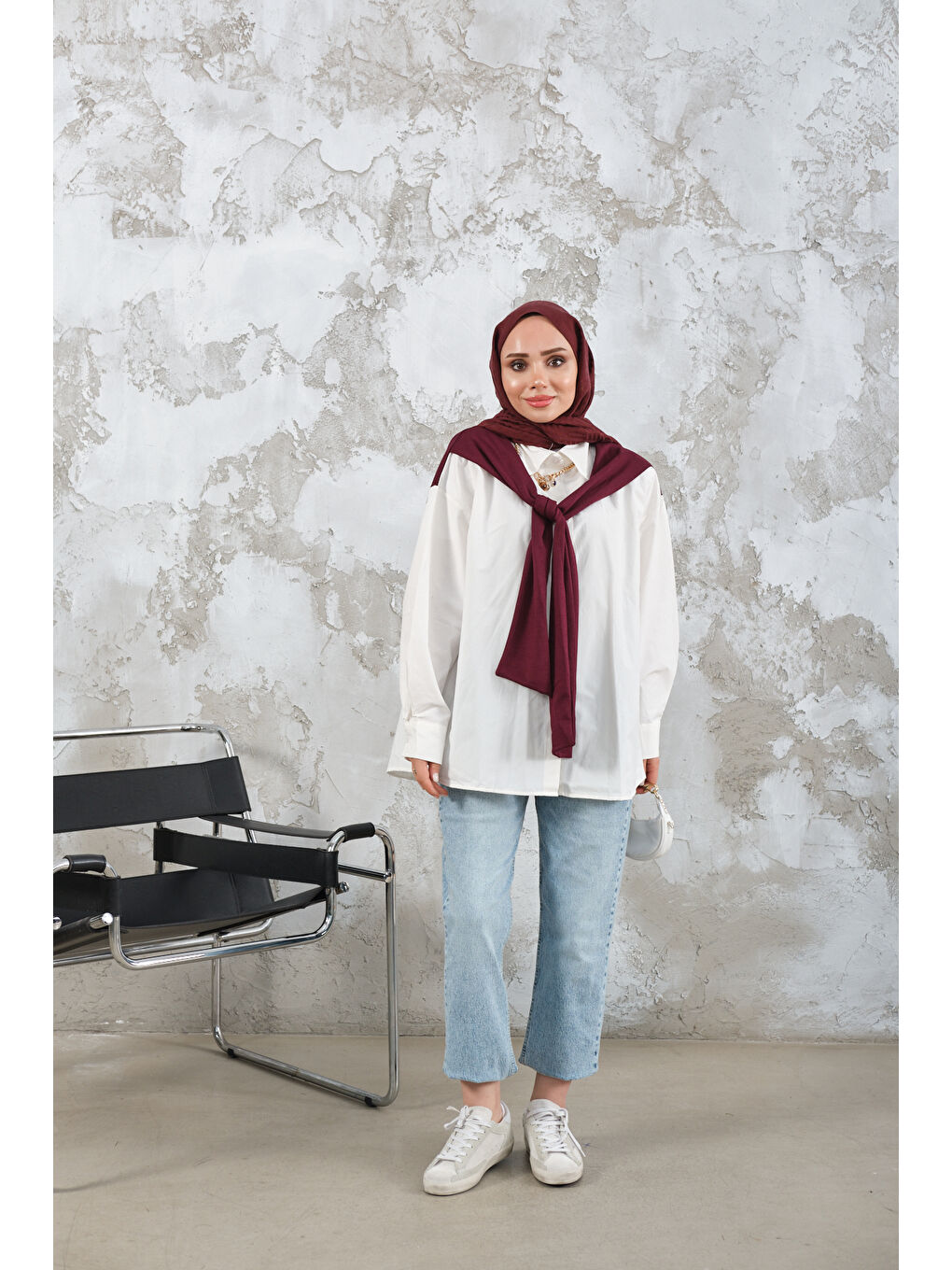 Kadın Yaka Bağlamalı Çift Renk Gömlek Mürdüm-2