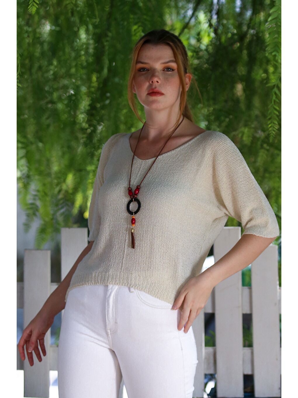 Ekru Krem V Yaka 3/4 Kol İnce Arkası Uzun Crop Fit Triko Bluz 50 60