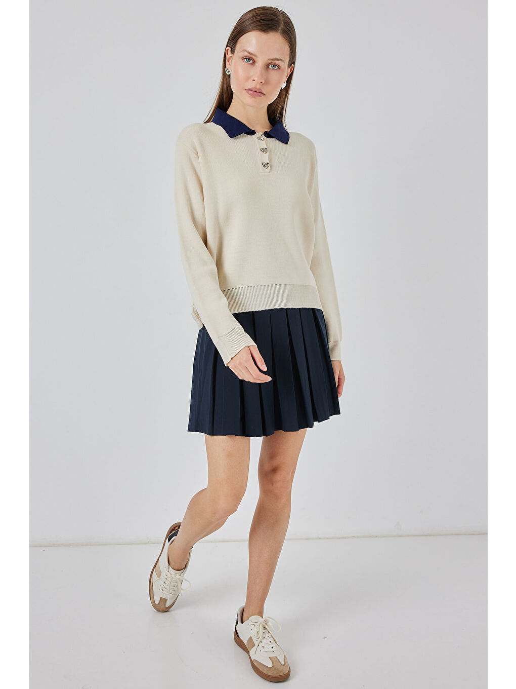 Ekru Kadın Crop Triko Kazak 15936 - Krem-1