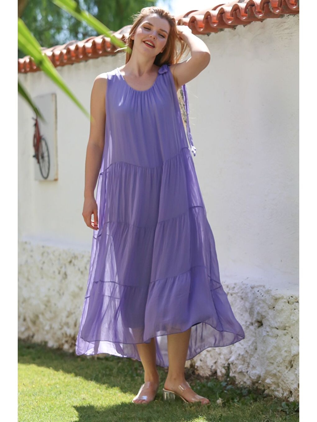 İtalyan Lavanta Mor Havuz Yaka Kolsuz Bağlamalı Astarlı Casual İpek Dokuma Elbise 130 65