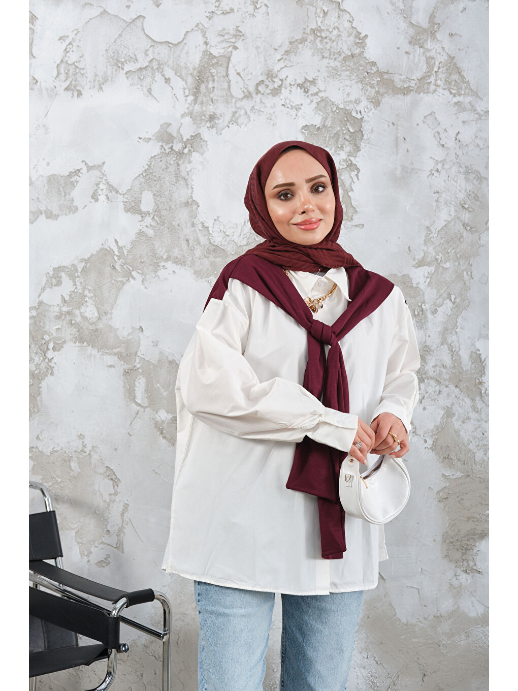 Kadın Yaka Bağlamalı Çift Renk Gömlek Mürdüm-3